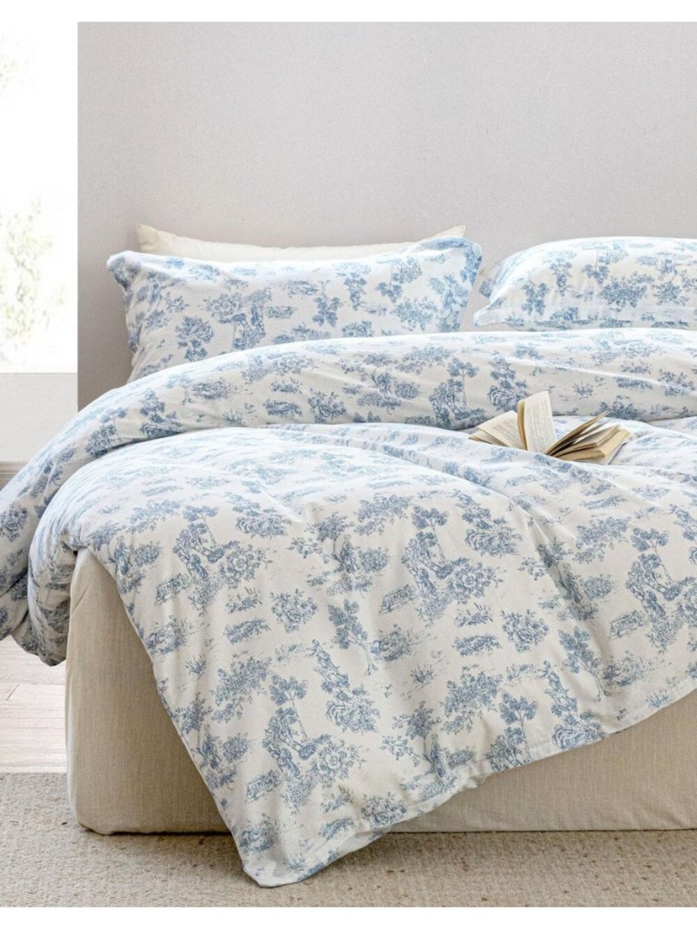 Vintage 100% Cotton Duvet Cover Queen Size Set 3Pcs - Elegant Slate Blue Toile
